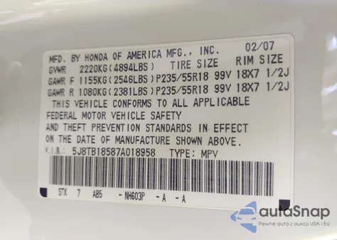 2007 Acura Rdx from USA, damaged, VIN 5J8TB18587A018958